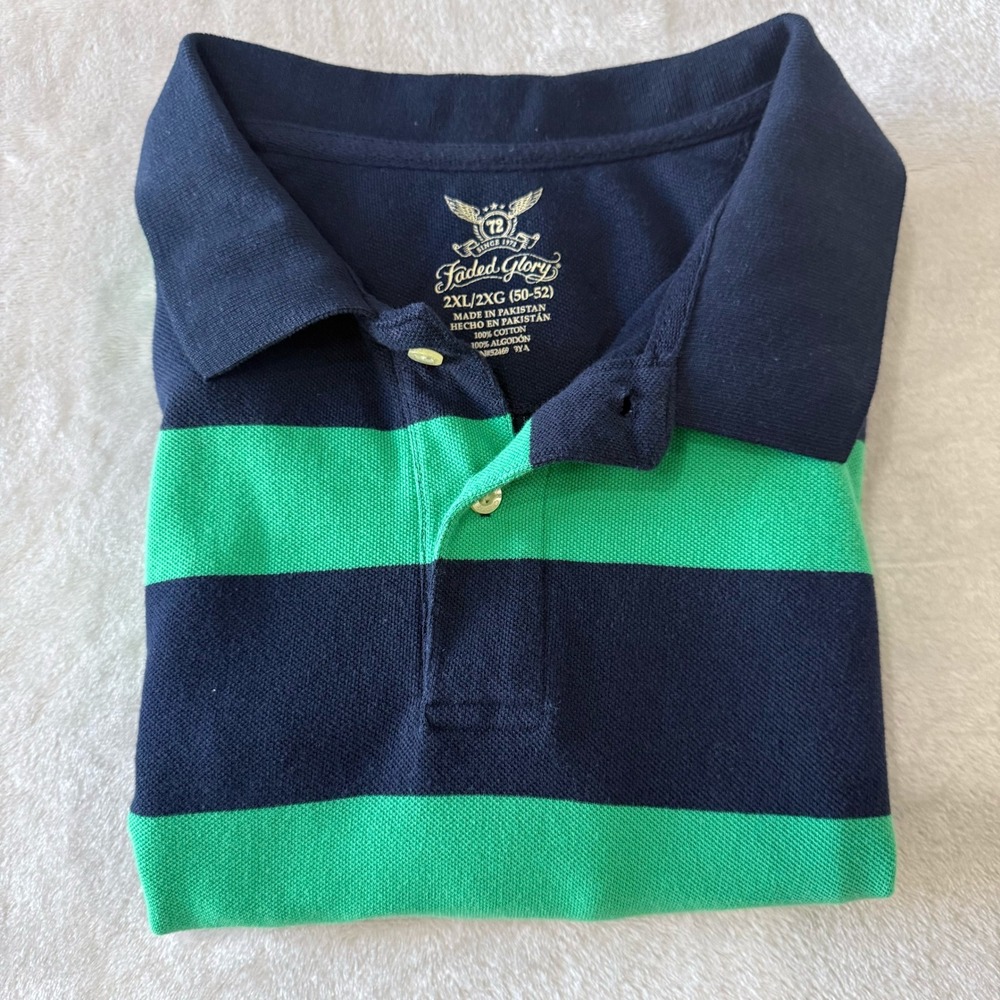 Faded Glory Mens 2XL 2XG Navy‎ Blue Green Stripe Polo Shirt preppy